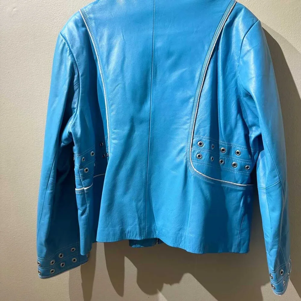 Perfect Grommeted Blue Leather Guillaume Jacket - Size 2X - Picture 11 of 14